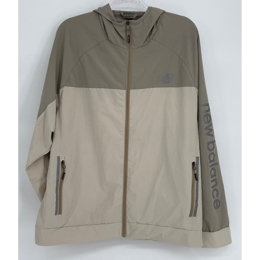 New Balance Mens Hooded Windbreaker Jacket Tan Olive Green Colorblock Zip Sz XL